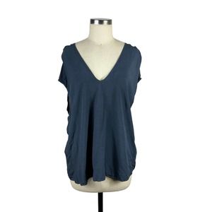 THE ODELLS Blue V-Neck Back Cutout Short Sleeve Blouse Large Rayon Boho Chic
